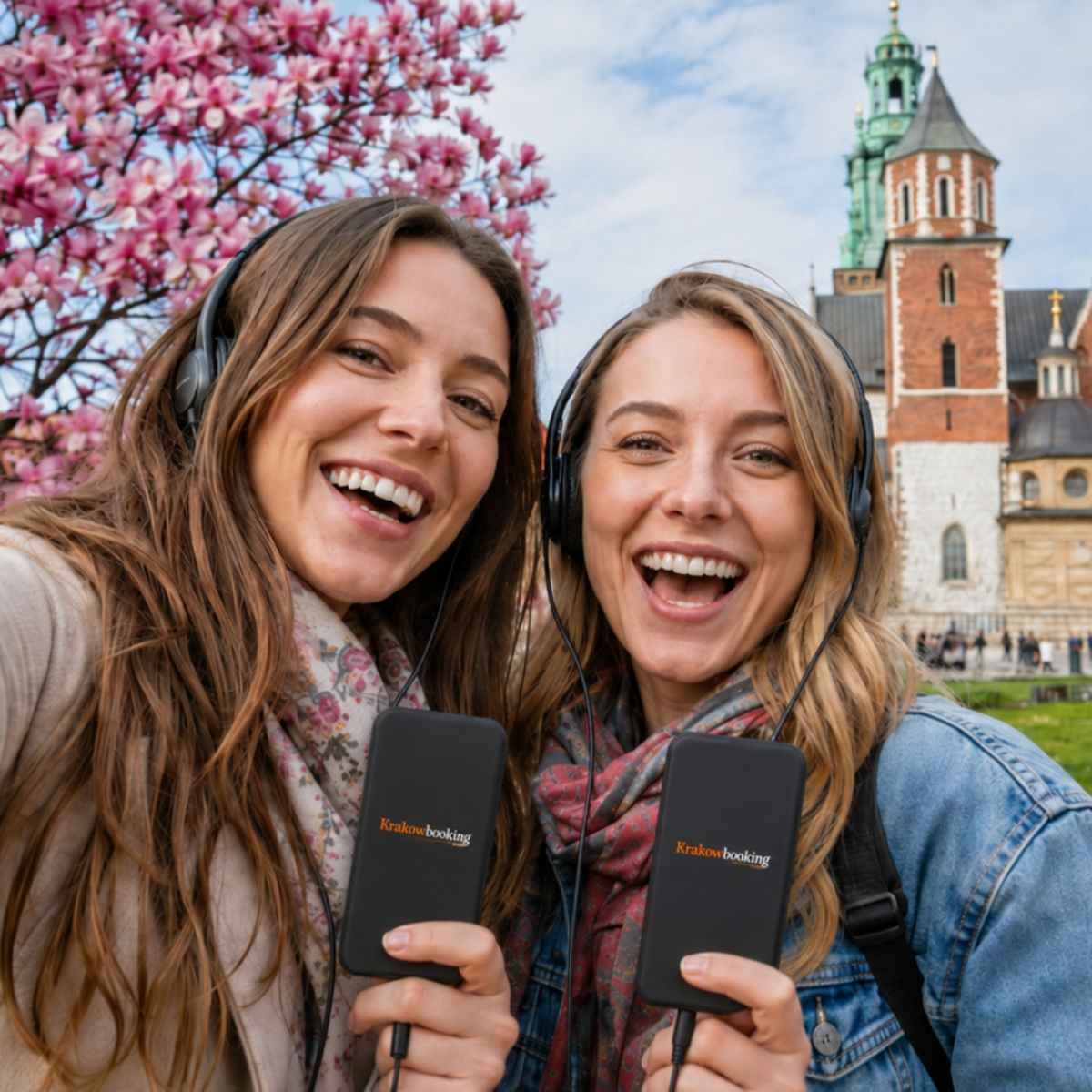Vriendinnen maken een selfie met audiogidsen van KrakowBooking op de Wawelheuvel in Krakau