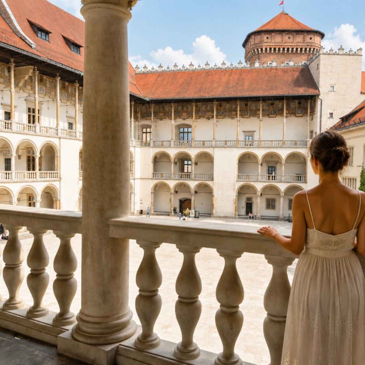 Vrouw in een zomerjurk in de kloostergangen van de Wawel in Krakau
