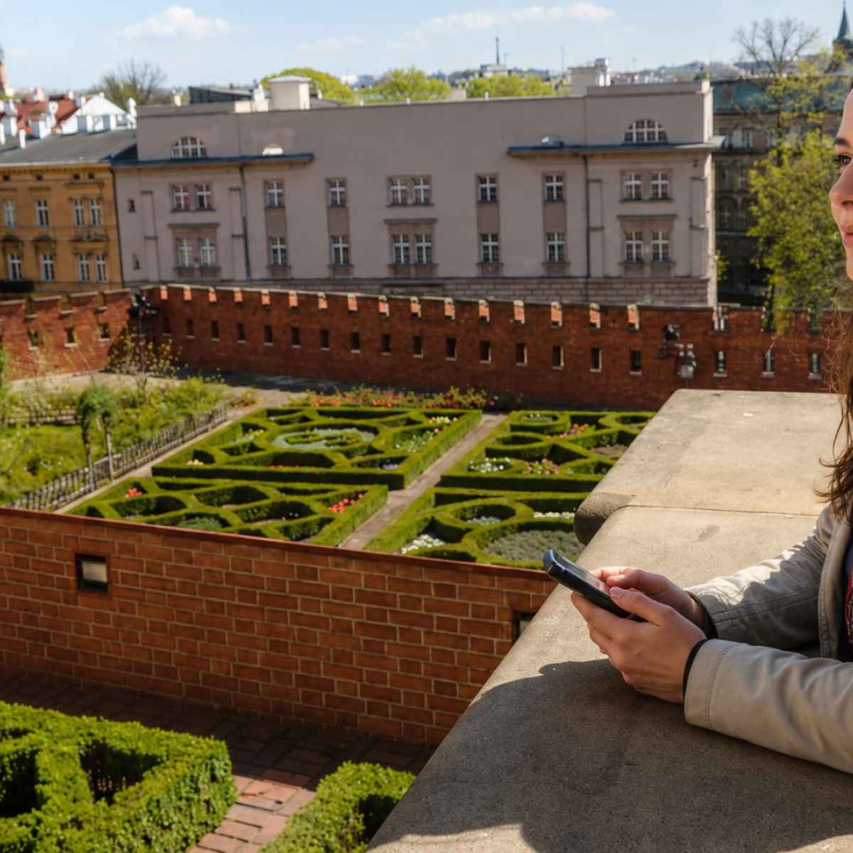 Vrouw luistert naar een audiogids met uitzicht op de Wawel-tuinen in Krakau